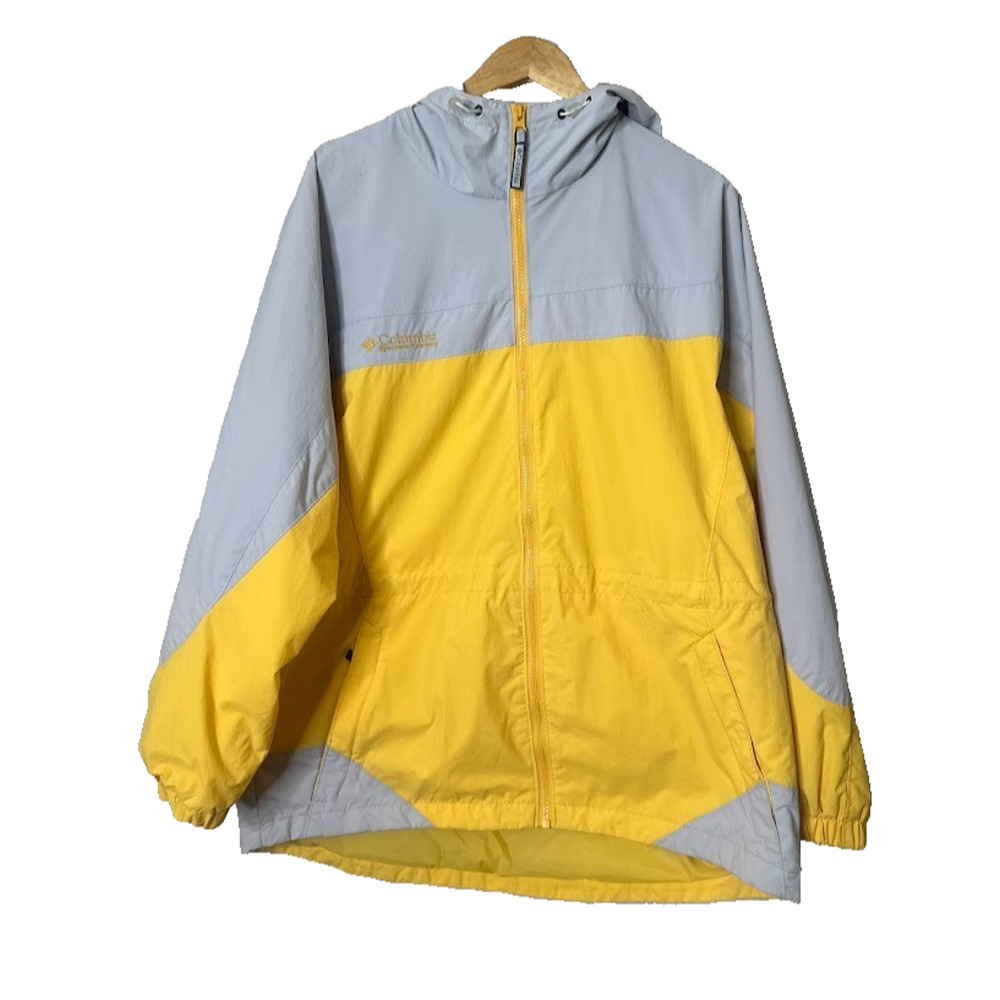 Columbia Packable Windbreaker‎ Jacket Womens Large Yellow Grey Hooded Full Zip